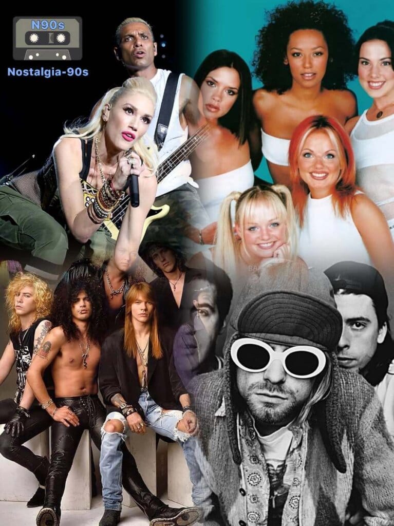 The best music groups of the 90s. Los mejores grupos de música de los años 90. No Doubt, Spice Girls, Guns N' Roses, Nirvana ...