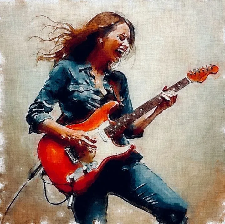 Pintura de mujer guitarrista, música de los 90.
Painting of a female guitarist, music from the 90s.