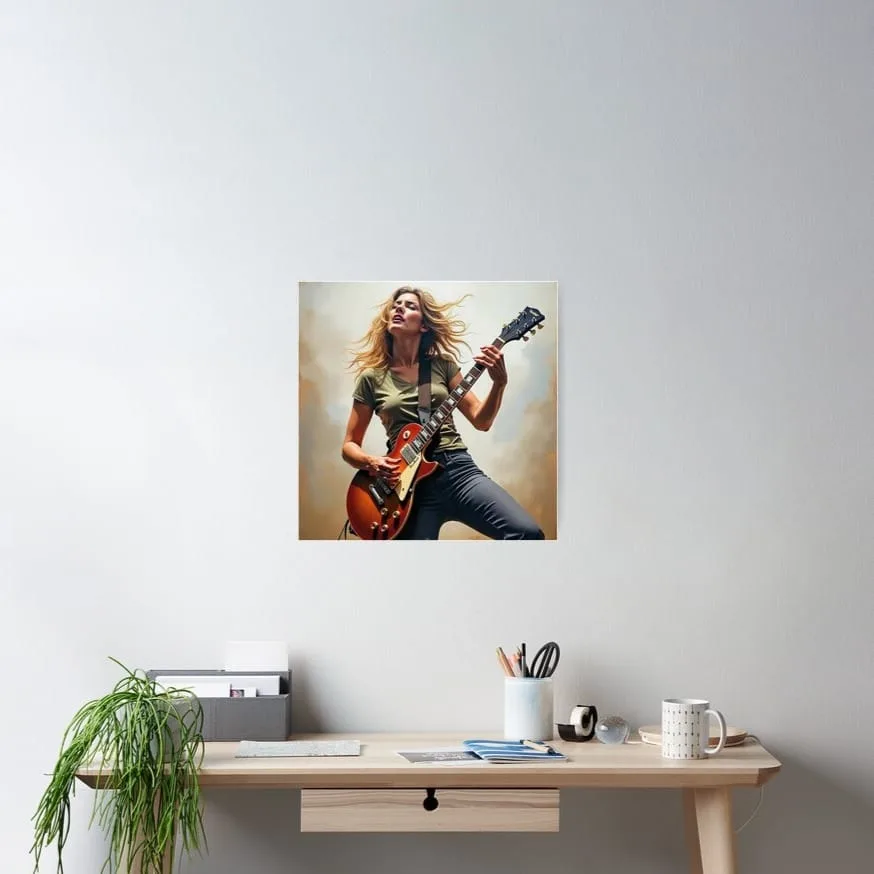Cuadro de mujer guitarrista, colgado en habitación.
Painting of a female guitarist, hanging in a room.